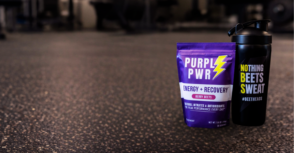 Purpl PWR pouch and shaker on gym floor